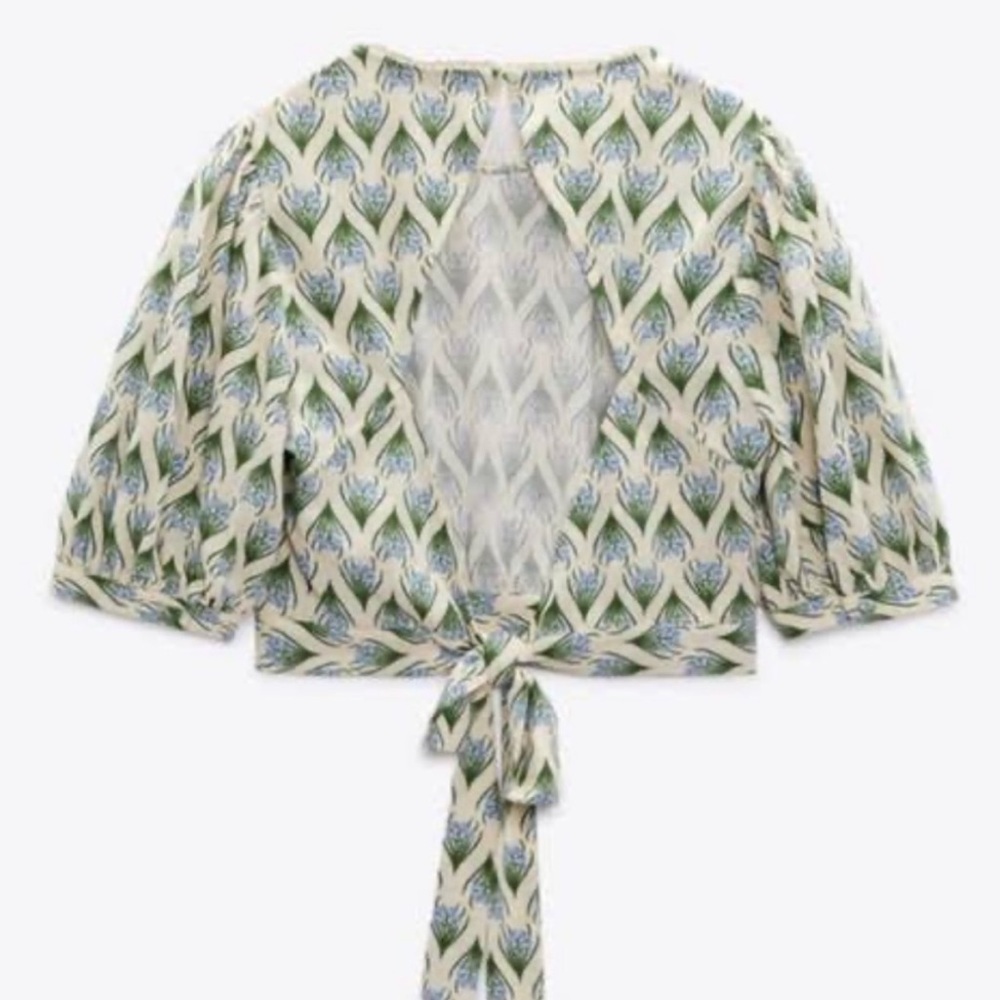 Zara Sophia Puff Sleeve Crop Open Back Blouse Large NWT